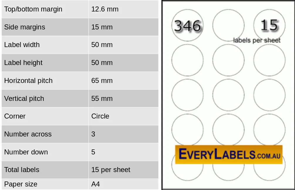 346 circle round labels 50mm 2 inch 0 table