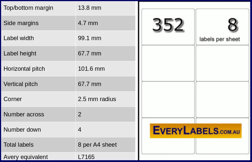 352 rectangle self adhesive blank labels 99.1 x 67.7 avery 7165 0 table