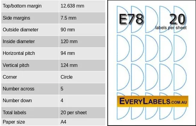 e78 semi circle 60x35 self adhesive labels table