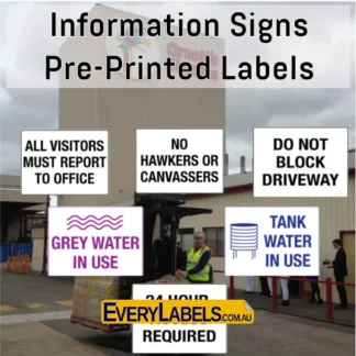 Pre printed labels information signs roll labels office no hawkers or canvassers do not block driveway grey water in use tank water 24 hour access
